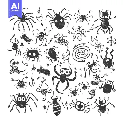 Aset desain premium: A whimsical collection of hand-drawn cartoon spiders and insects.