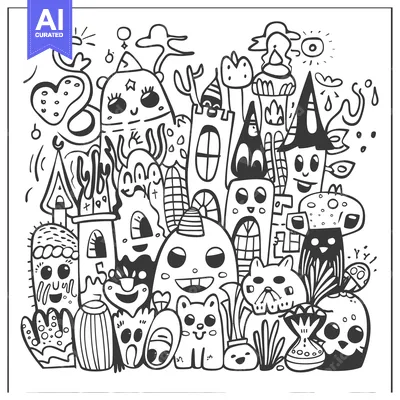 Aset premium populer: A Whimsical Doodle of Funny Creatures and Buildings