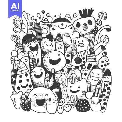Aset premium populer: A whimsical gathering of doodle creatures with happy faces