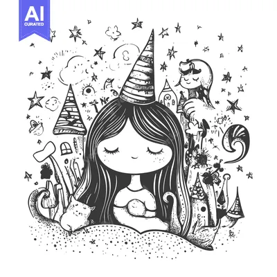 Aset premium populer: A whimsical girl with closed eyes wearing a party hat, surrounded by f
