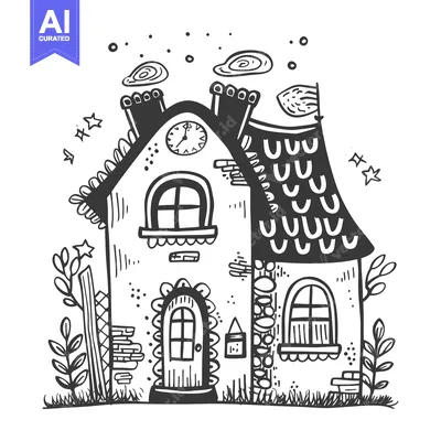Aset desain premium: A whimsical hand-drawn black and white illustration of a cartoon house