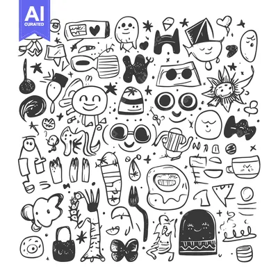 Aset premium populer: A Whimsical Hand-Drawn Collection of Funny Characters and Abstract Sha