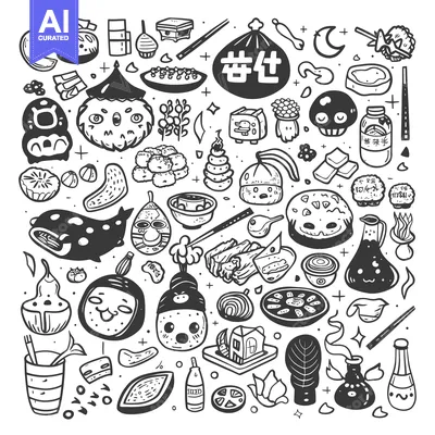 Aset premium populer: A Whimsical Hand-Drawn Collection of Japanese Food and Objects