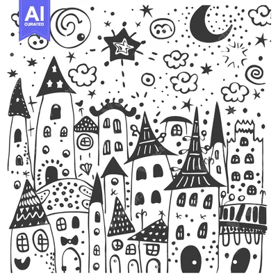 Popular premium asset: A whimsical hand-drawn illustration of a town under a night sky with a