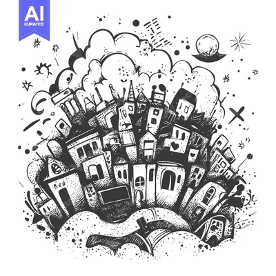 Aset premium populer: A whimsical, hand-drawn illustration of a town with buildings and a cl