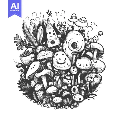 Aset premium populer: A whimsical hand-drawn illustration of various types of mushrooms and