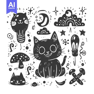 Popular premium asset: A whimsical illustration featuring black cats, mushrooms, and other ab