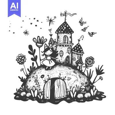 Aset desain premium: A whimsical illustration of a princess standing in front of a castle o