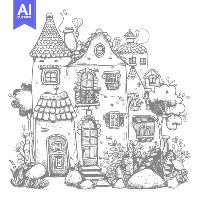 Aset desain premium: A whimsical, multi-level house with intricate details and surrounding