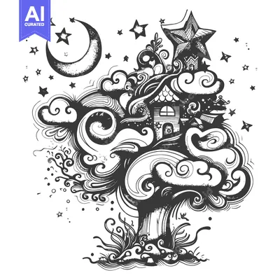 Aset desain premium: A whimsical tree with a house in its canopy, stars, and a crescent moo