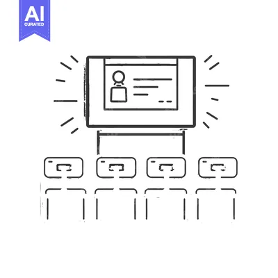 Aset desain premium: A whiteboard with a profile picture and audience seats in front