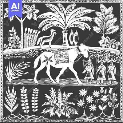 Aset premium populer: A White Horse Carrying Three People Walking Through a Tropical Landsca