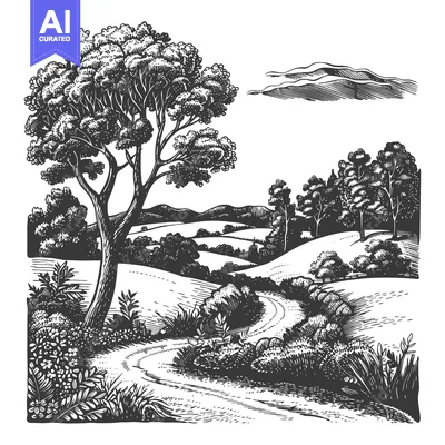 Premium design asset: A Winding Country Road Through a Forest and Rolling Hills