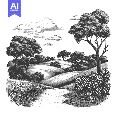 Aset premium populer: A Winding Path Through a Rolling Hill Landscape with Trees and Flowers