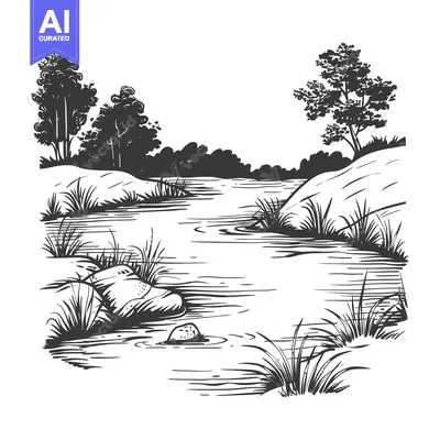 Premium design asset: A winding river flows through a lush forest with tall trees and foliag