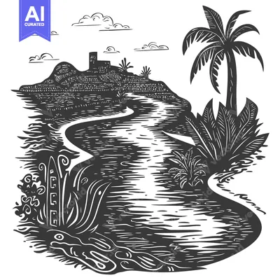 Aset desain premium: A Winding River Through a Lush Tropical Landscape