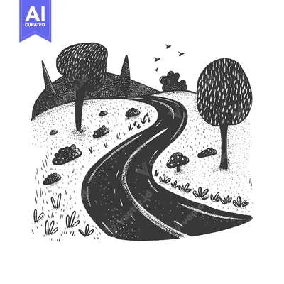 Aset desain premium: A winding road through a black and white illustrated landscape with tr