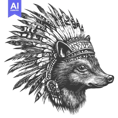 Aset desain premium: A wolf wearing an intricate feathered headdress with detailed beadwork