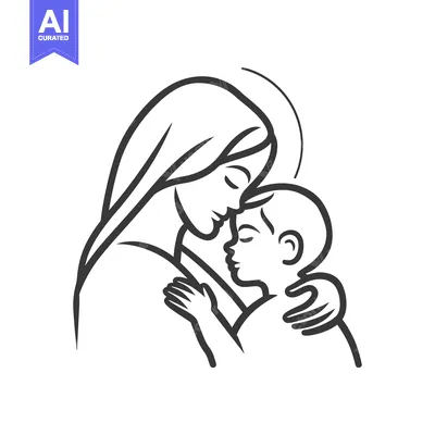 Aset premium populer: A Woman and a Child Embracing, Line Art Illustration