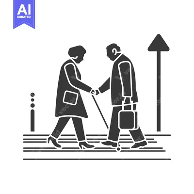 Popular premium asset: A woman helps a man with a cane cross a crosswalk.