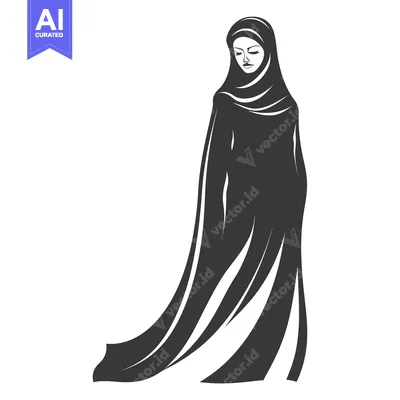 Aset desain premium: A woman in a black abaya and hijab standing with her head bowed