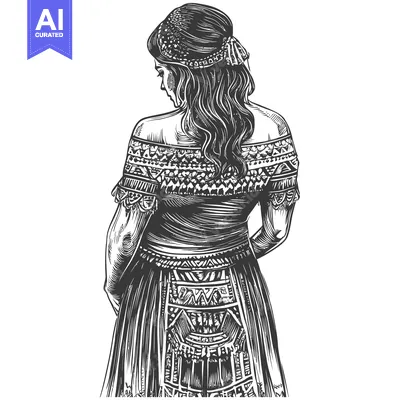 Aset desain premium: A Woman in a Long, Ornate Dress, Viewed from Behind