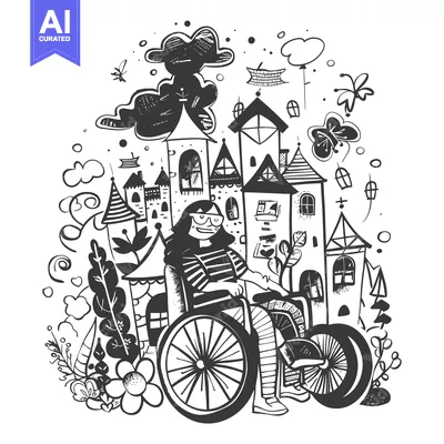 Aset premium populer: A woman in a wheelchair surrounded by whimsical doodle houses and natu