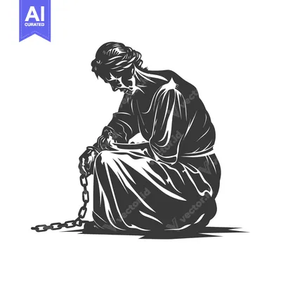 Aset desain premium: A woman in chains sitting on the floor, head down in despair