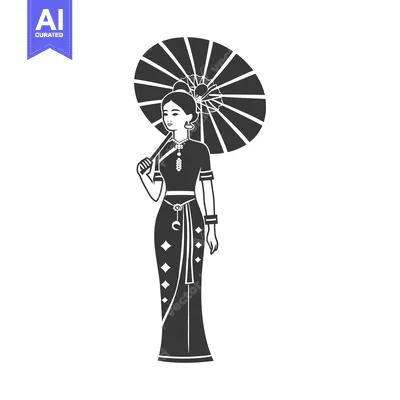 Aset desain premium: A Woman in Traditional Burmese Clothing Holding an Umbrella
