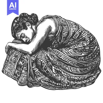 Aset desain premium: A Woman in Traditional Clothing Kneeling, Depicting Sorrow