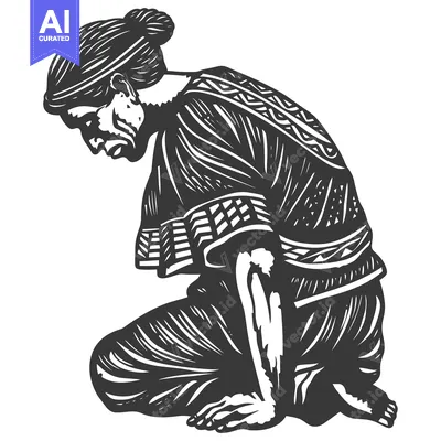 Aset desain premium: A Woman in Traditional Clothing Kneeling with Head Bowed