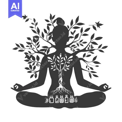 Aset premium populer: A Woman in Yoga Pose With a Tree Growing From Her Back and Bottles of