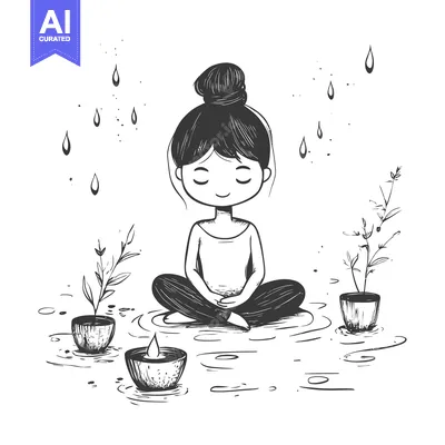 Premium design asset: A woman meditating with candles and plants in a pond during a light ra
