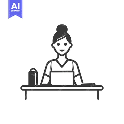 Premium design asset: A Woman Sitting at a Desk Using a Laptop with a Water Bottle and Paper
