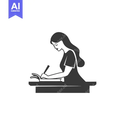 Aset desain premium: A Woman Sitting at a Desk, Writing in a Notebook