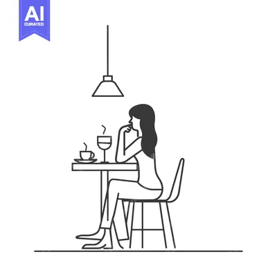 Aset premium populer: A woman sitting at a table in a cafe, looking thoughtful