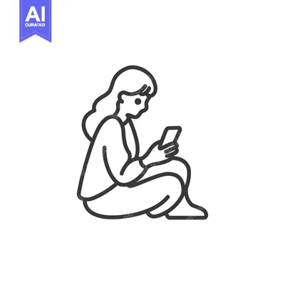 Aset desain premium: A woman sitting cross-legged while looking at a smartphone.