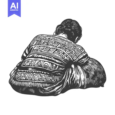 Aset desain premium: A Woman Sitting With Her Back to the Viewer, Wearing a Patterned Garme