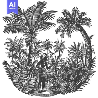 Aset premium populer: A Woman Standing in a Lush Jungle of Palm Trees and Ferns