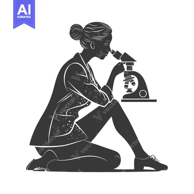 Aset desain premium: A Woman Using A Microscope While Kneeling