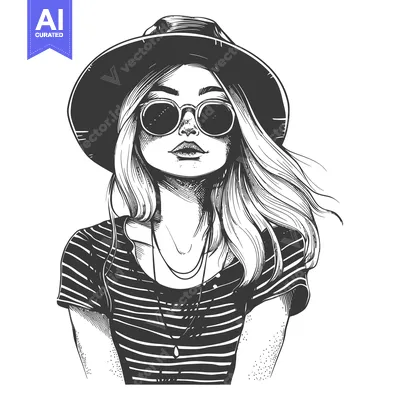 Premium design asset: A Woman Wearing a Hat, Sunglasses, and a Striped Shirt