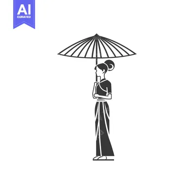 Aset desain premium: A woman wearing a traditional kimono holds an umbrella