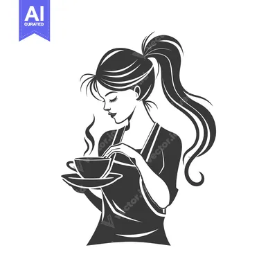 Aset desain premium: A Woman with a Ponytail Holds a Cup of Coffee