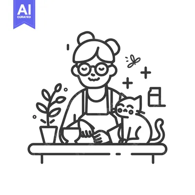 Aset desain premium: A Woman with Glasses and a Cat Sitting at a Table