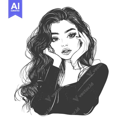 Aset desain premium: A Woman with Long Wavy Hair, Hands on Cheeks, Looking at the Viewer