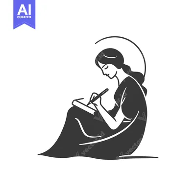 Premium design asset: A Woman Writing in a Seated Position with a Halo