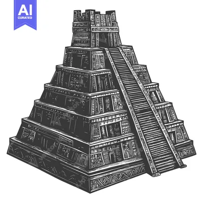 Premium design asset: A Woodcut Illustration of a Stepped Pyramid Structure