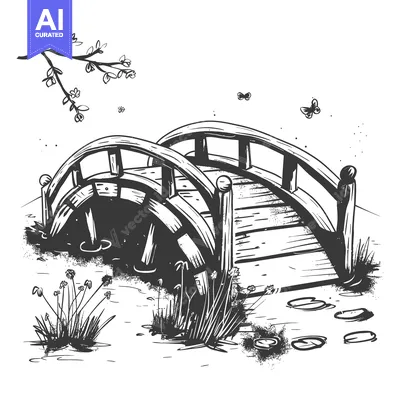 Aset premium populer: A Wooden Bridge Spanning a Creek with Lush Grass and Butterflies