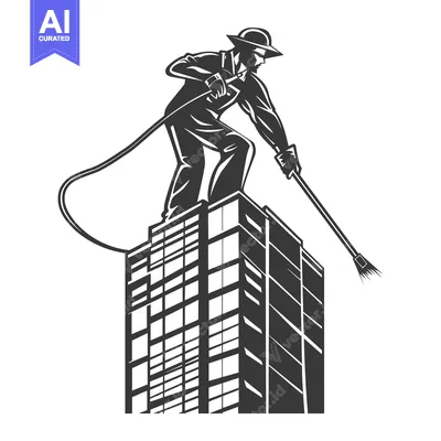 Aset desain premium: A Worker Power Washing a Tall Building Facade