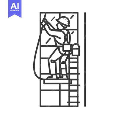 Aset desain premium: A Worker Secured by a Harness and Rope Climbing a Ladder
